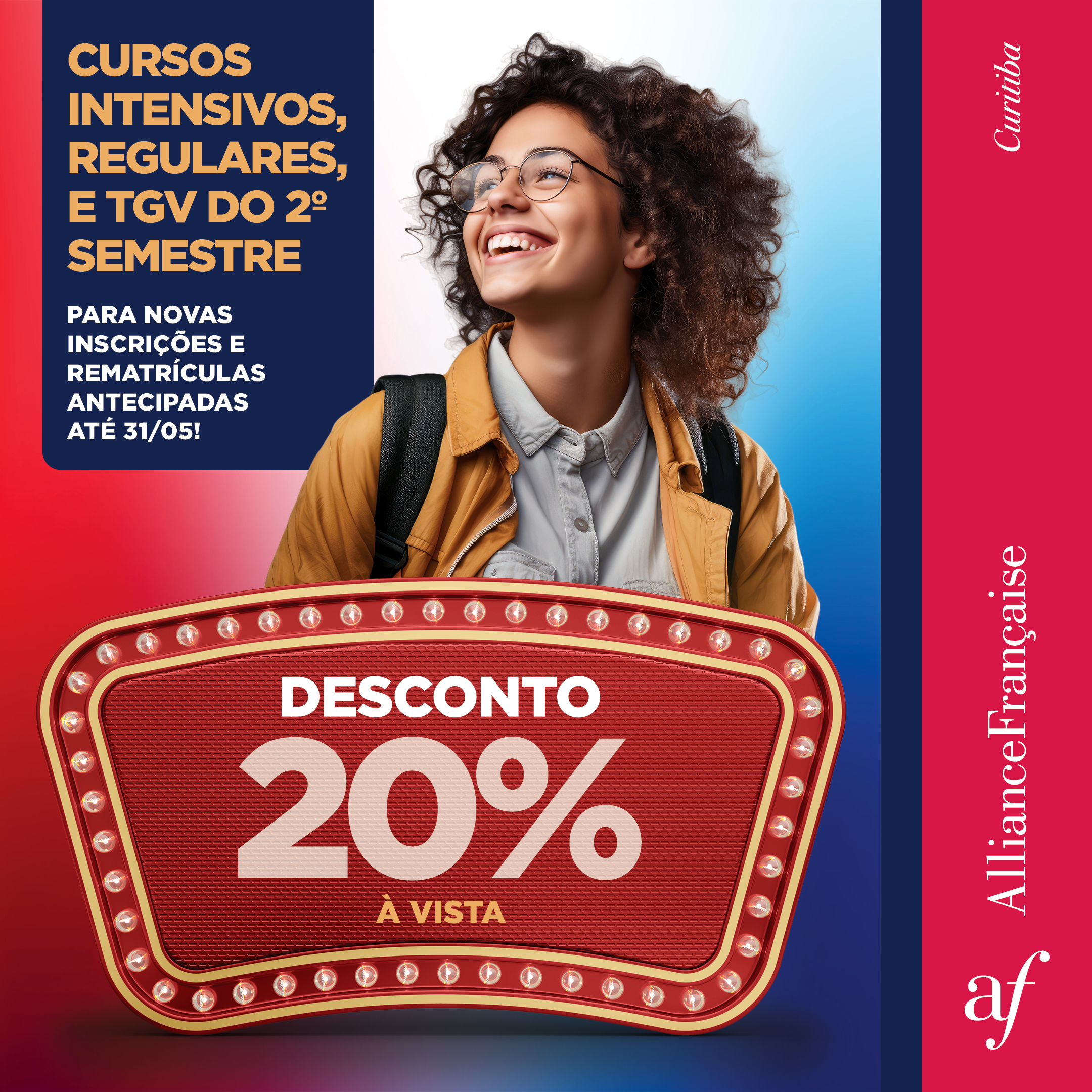 Aprenda francês com 20% de desconto! É isso mesmo! A Aliança Francesa de Curitiba está oferecendo 20% de desconto à vista para novas inscrições e rematrículas antecipadas nos cursos intensivos, regulares e TGV do 2º semestre!